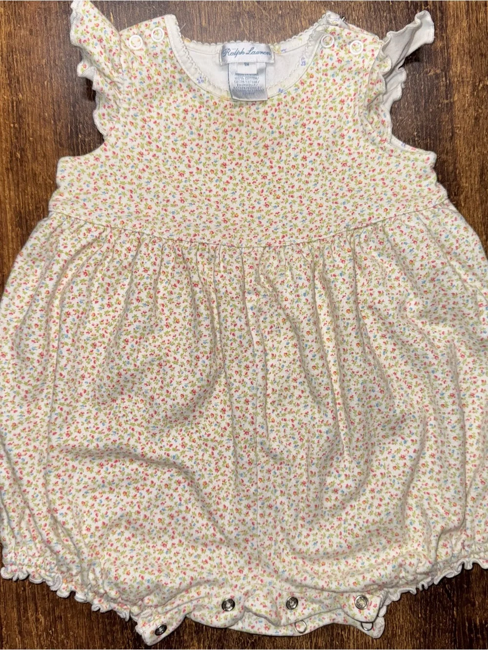 Ralph Lauren White Floral Baby Romper with Pink, Blue & Green Sprigs 9M